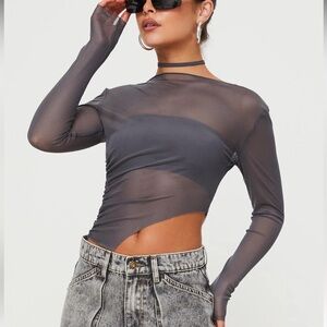 Princess Polly Sheer Grey Long Sleeve Mesh Crop Top Marier
